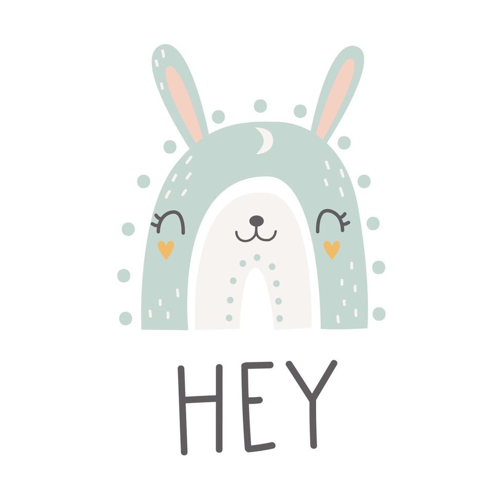 regnbåge med söt kanin ansikte och bokstäver hej. barnkammare konst. vektor illustration