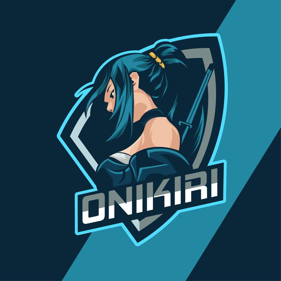 Esport-Logo, schönes Mädchen-Samurai-Schwert, mit Teamnamen, Onikiri, was Geistermörder bedeutet, Logo für Esport-Gaming-Team, vektor