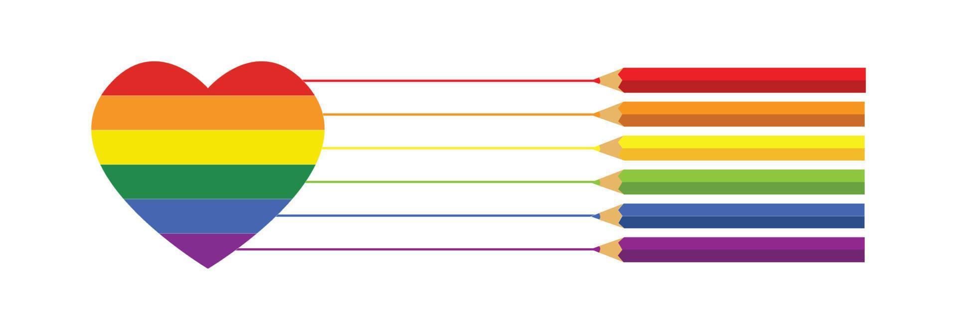 stolthet med ett hjärta och färgpennor form, regnbågens färg. lgbt pride symbol koncept vektor