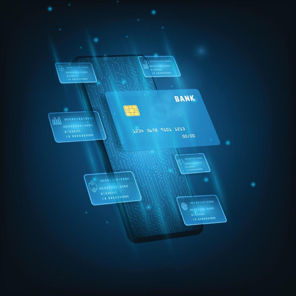 vektor teknik smart plånbok koncept. kreditkort på mobiltelefon. ansökan om betalning med kredit- eller betalkort.