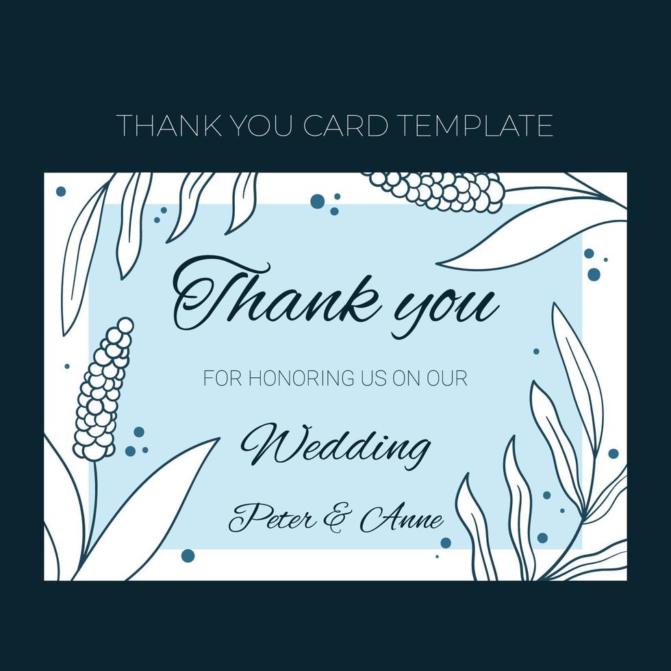blommig bröllop tackkort mall i handritad doodle stil, inbjudningskort design med linje blommor och blad, prickar. vektor dekorativ ram på vit och blå bakgrund.
