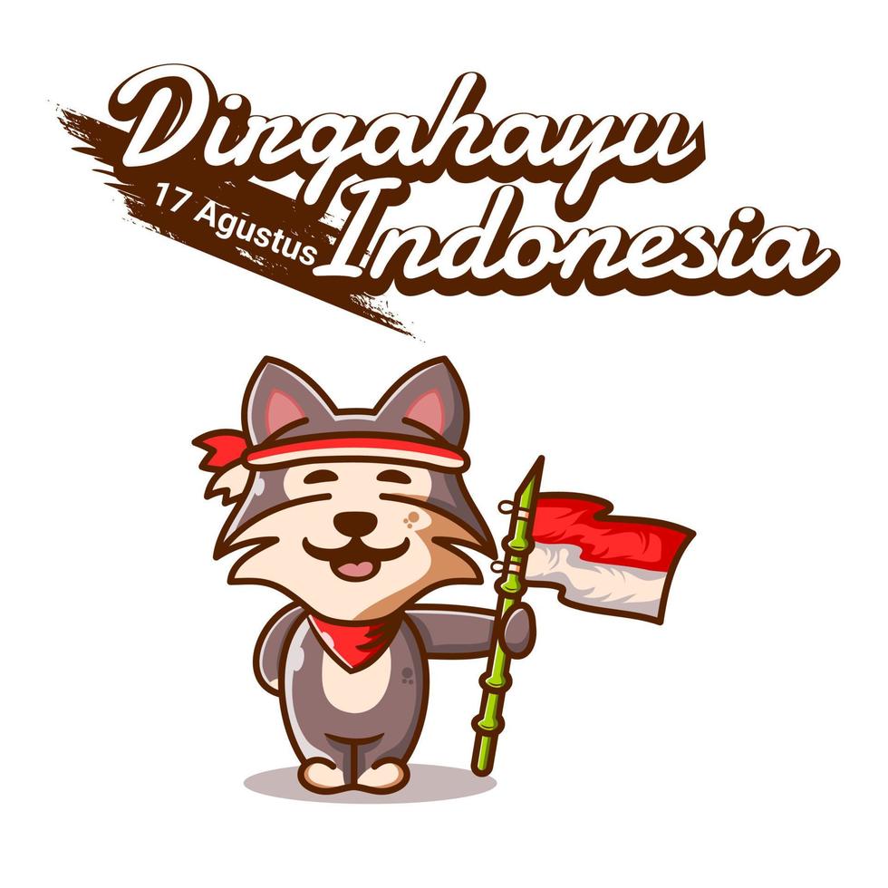indonesien unabhängigkeitstag niedlicher husky, der eine flagge mit spitzem bambus trägt vektor
