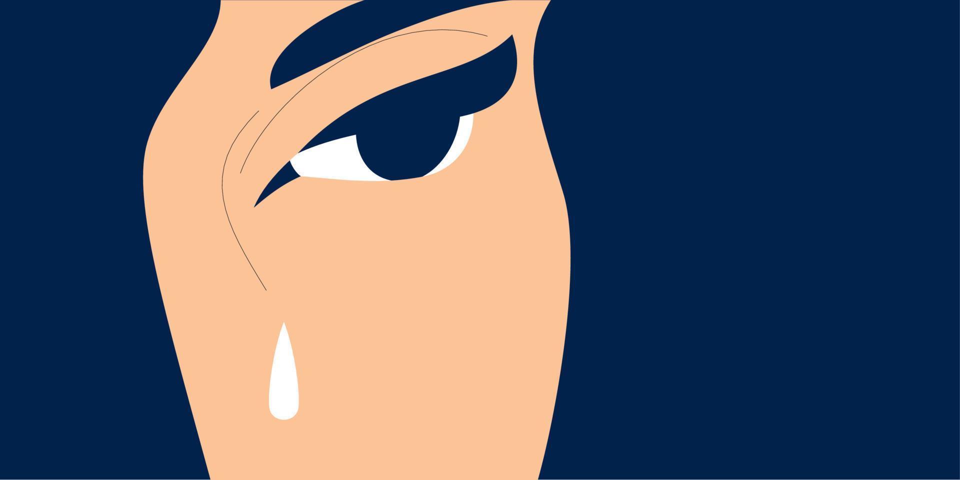 närbild porträtt av gråtande ung kvinna. öga med tårdroppe. bräcklig person vektor illustration koncept.