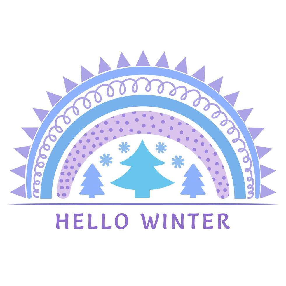 söt regnbåge sammansättning hej vinter. vinter illustration i platt stil för design. gott nytt år, god jul, mysig vinter. regnbåge, träd, snöflingor vektor