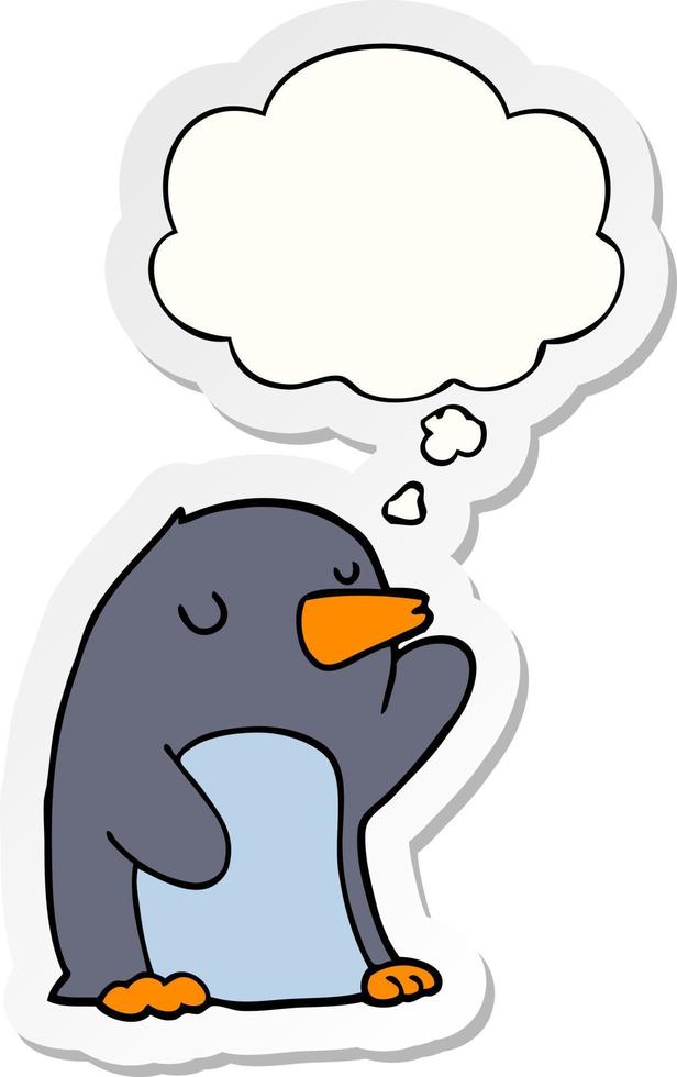 Cartoon-Pinguin und Gedankenblase als bedruckter Aufkleber vektor