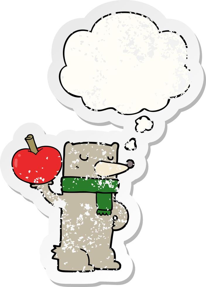 Cartoon-Bär mit Apfel und Gedankenblase als beunruhigter, abgenutzter Aufkleber vektor