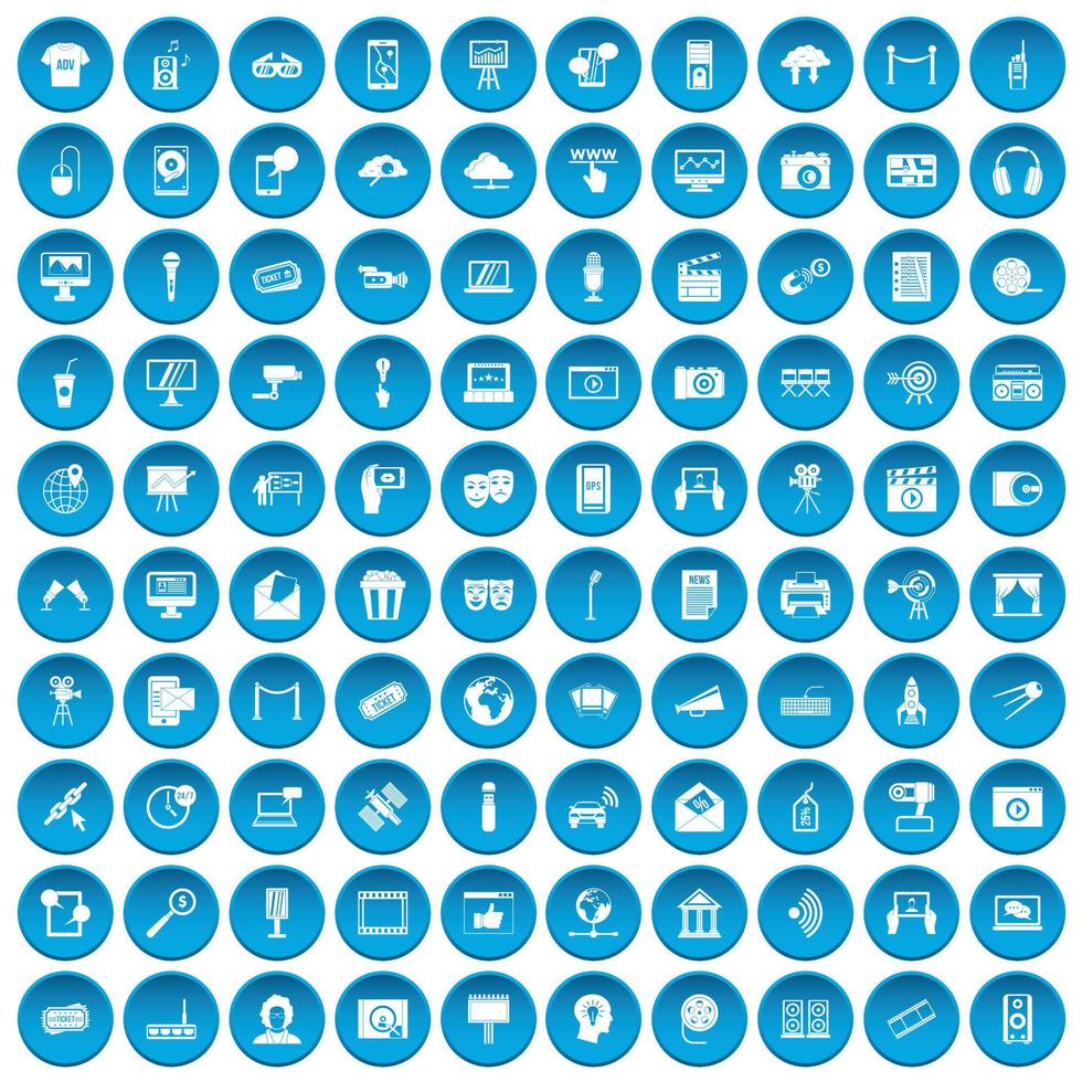 100 Multimedia-Icons blau gesetzt vektor