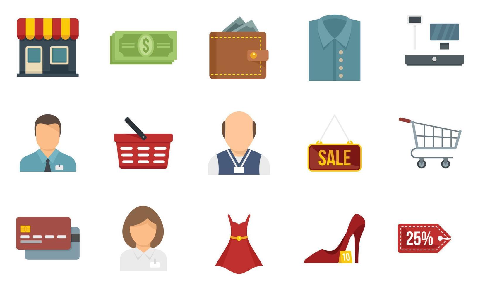 Shop-Assistenten-Icons setzen flachen Vektor isoliert