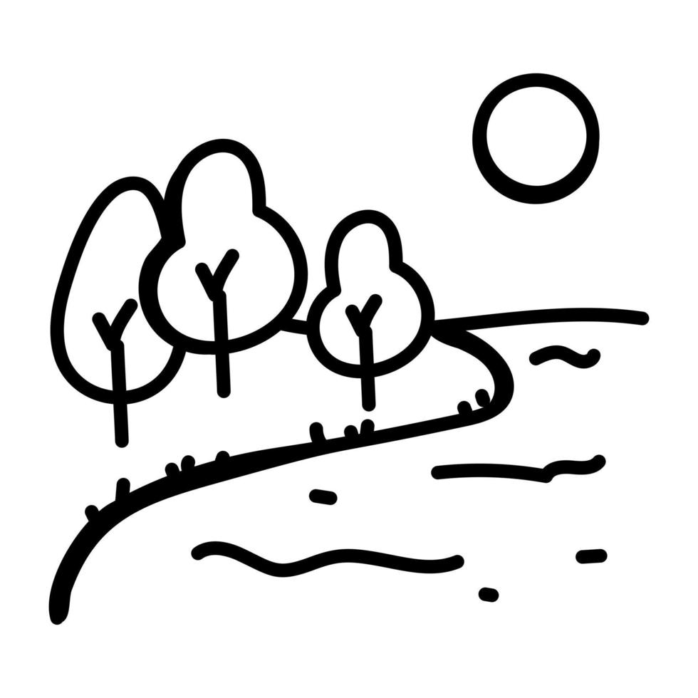 ett landskap av träd med sol i doodle-ikonen vektor