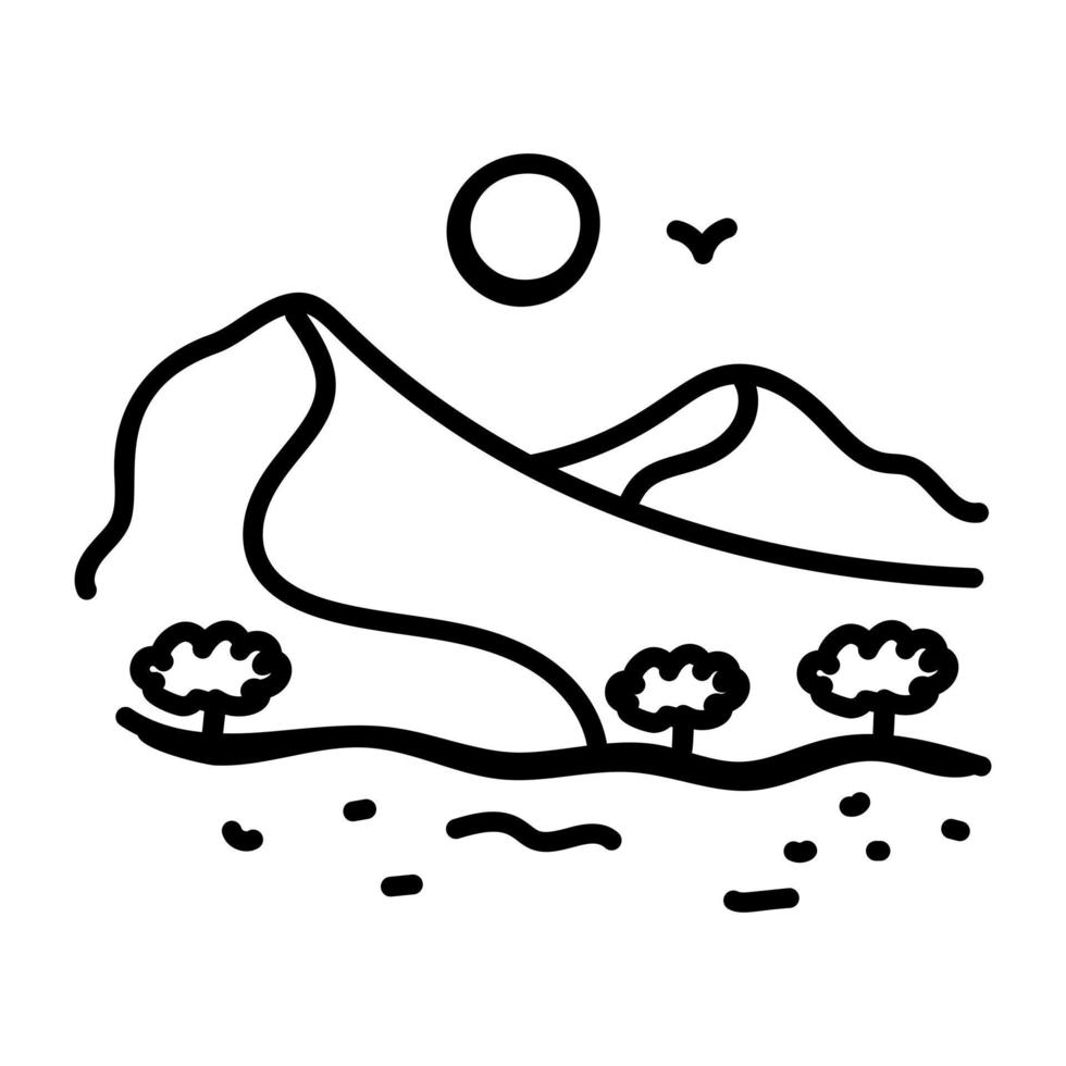 trendiga doodle ikon av kullar vid floden vektor