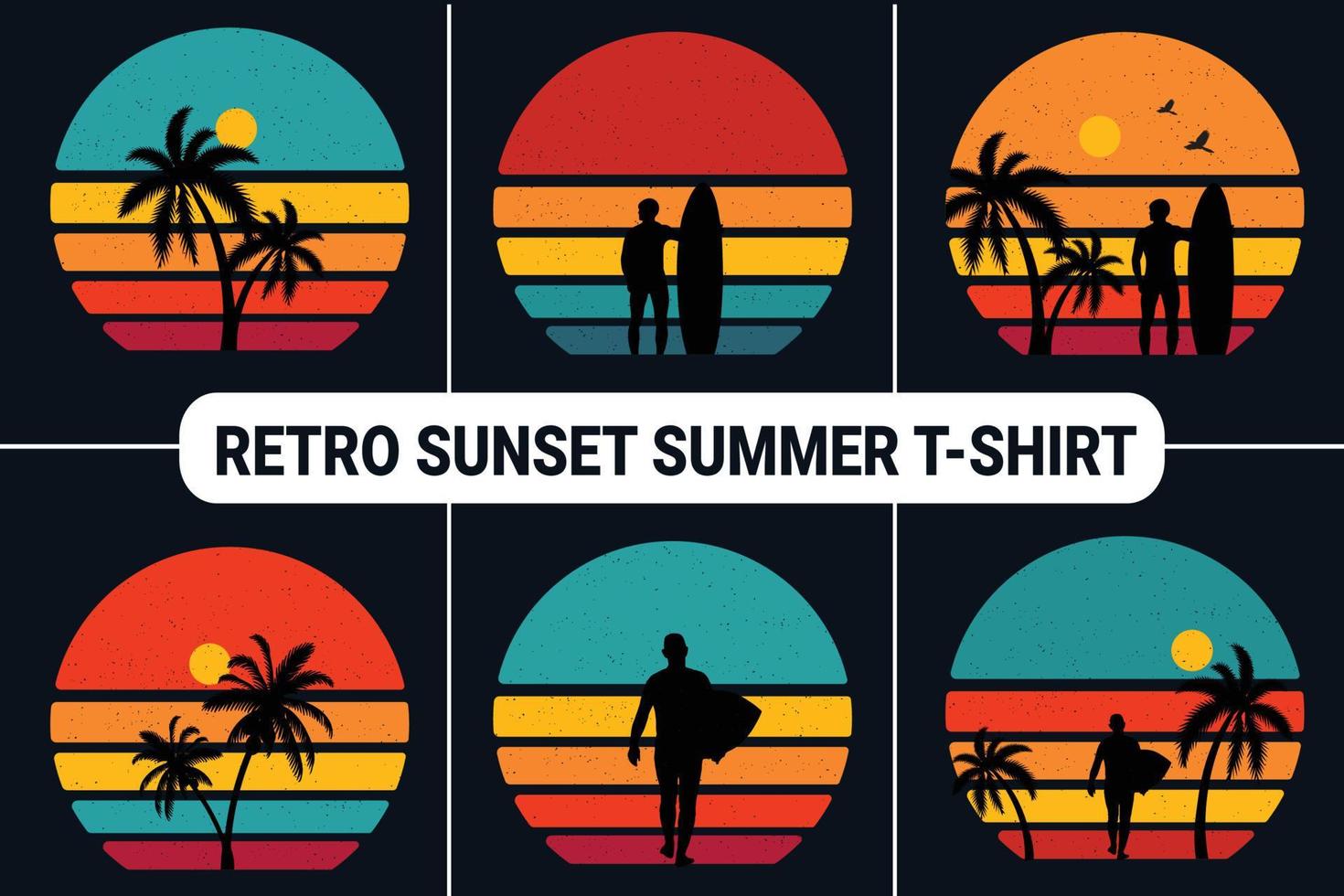 Retro Sonnenuntergang Sommer Hintergrund T-Shirt Design vektor