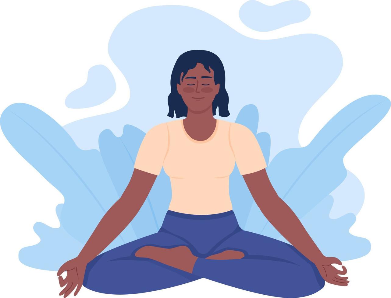 positiv ung kvinna som mediterar i lotuspose 2d vektor isolerad illustration