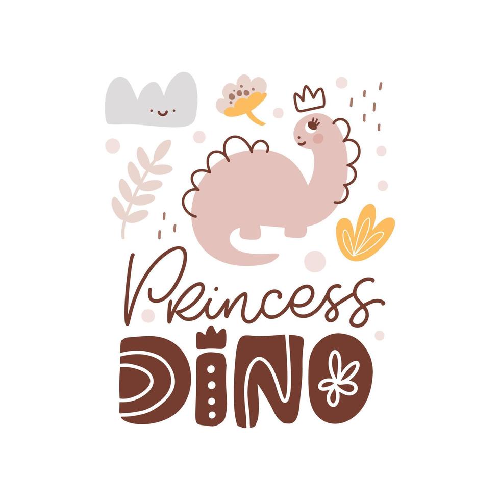 niedliche vektorkindergrußkarte mit dinosaurier- und babytextprinzessin dino. und Pflanze, Blume, Wolke. cartoon dino mädchen im skandinavischen stil illustration. für Kinderfest vektor