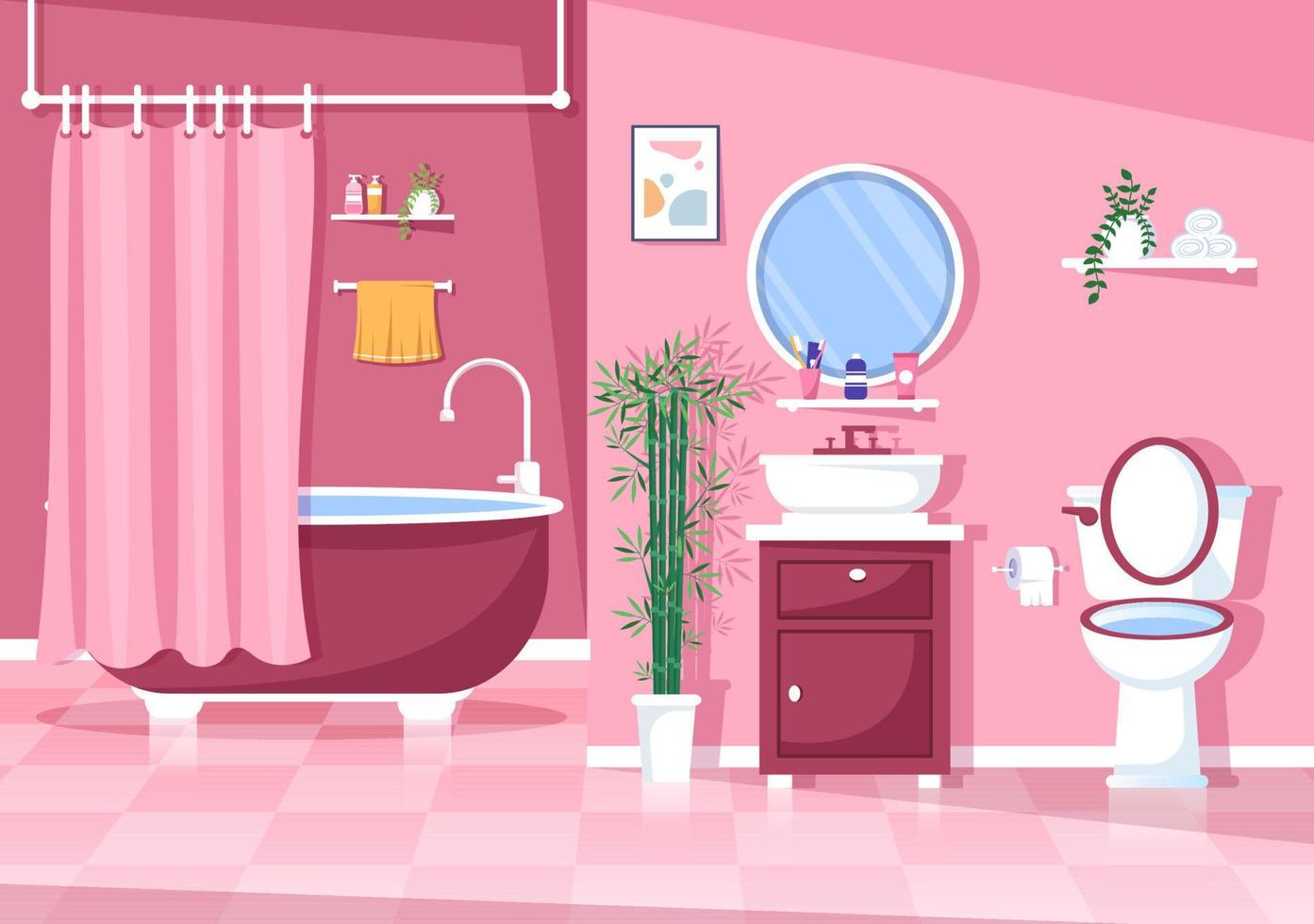 moderna badrumsmöbler interiör bakgrundsillustration med badkar, kran toalett handfat för att duscha och städa upp i platt färgstil vektor
