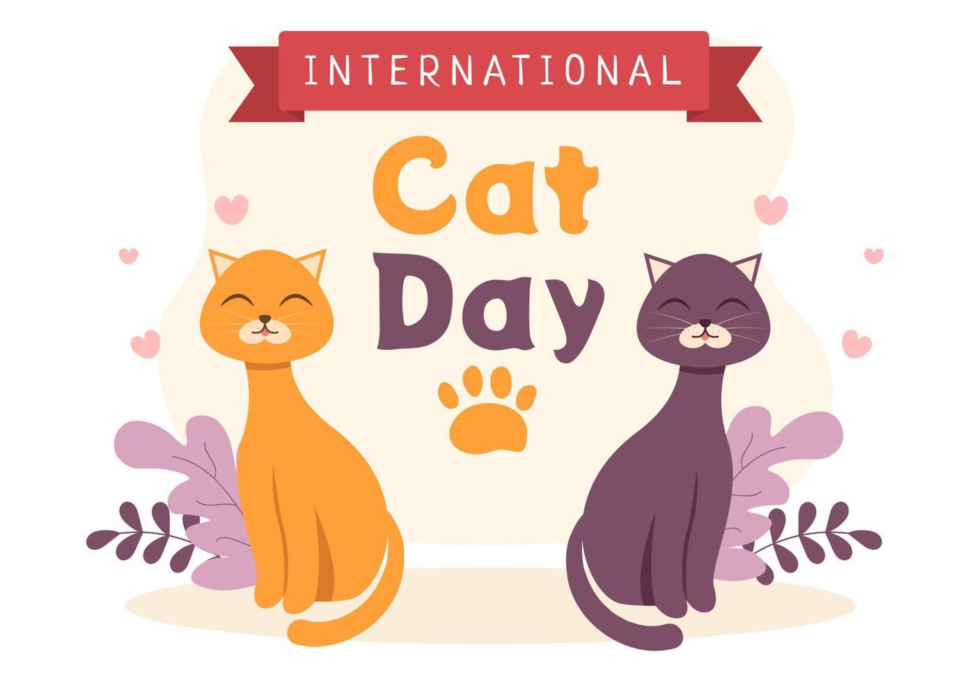 internationella kattdagen firar vänskapen mellan människor och katter i augusti i söt platt tecknad bakgrundsillustration vektor
