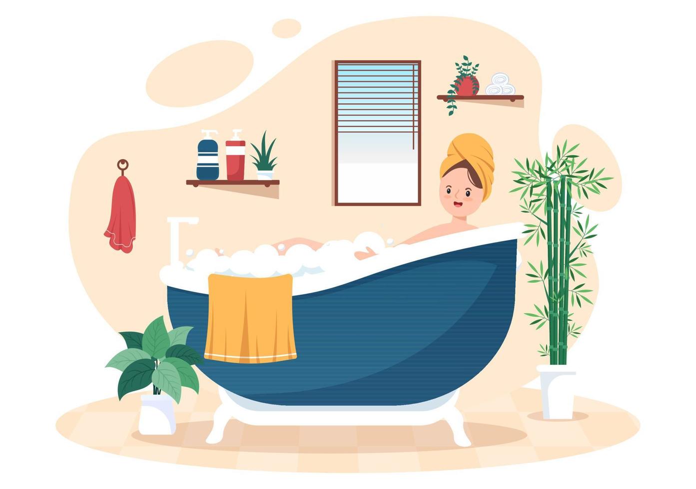 moderna badrumsmöbler inredningsbakgrundsillustration med flicka som tar ett bad i badkaret i platt färgstil vektor