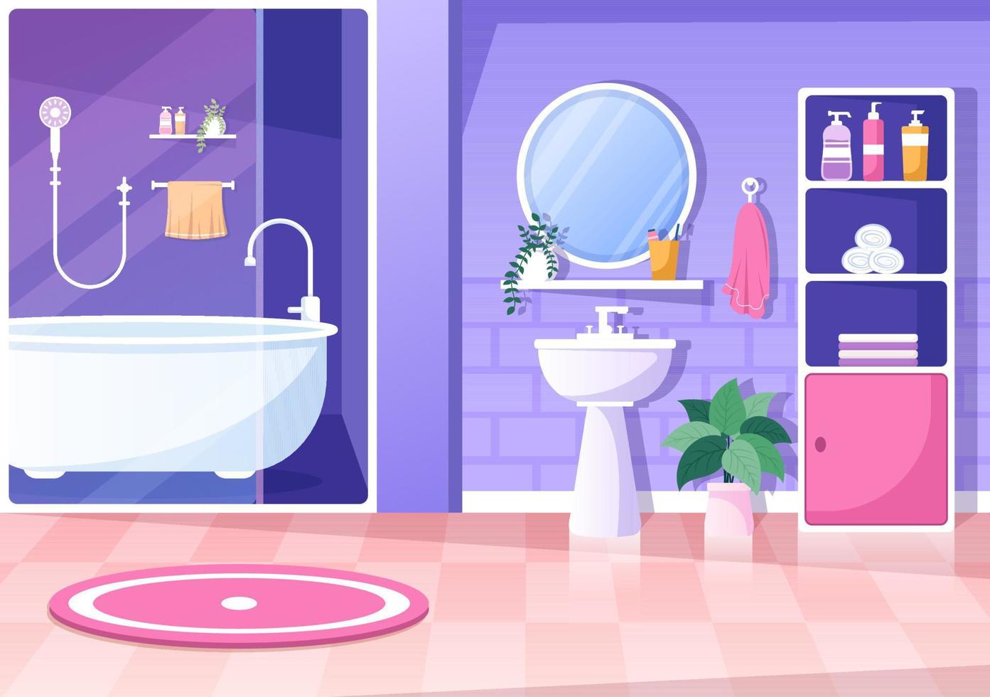 moderna badrumsmöbler interiör bakgrundsillustration med badkar, kran toalett handfat för att duscha och städa upp i platt färgstil vektor
