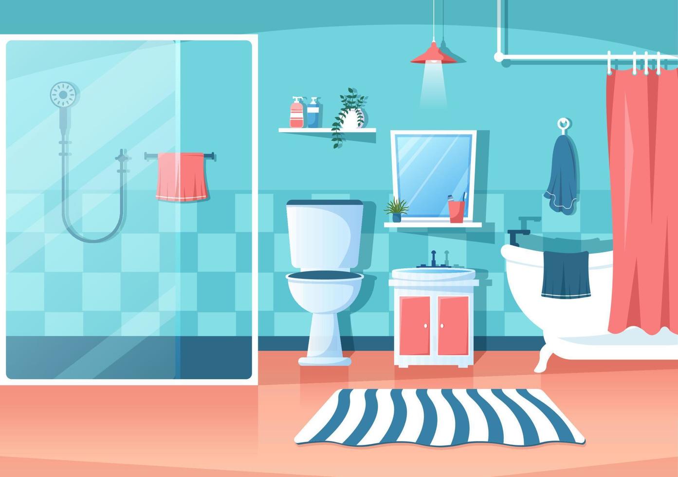 moderne badezimmermöbel innenhintergrundillustration mit badewanne, wasserhahn toilettenwaschbecken zum duschen und aufräumen in flachem farbstil vektor