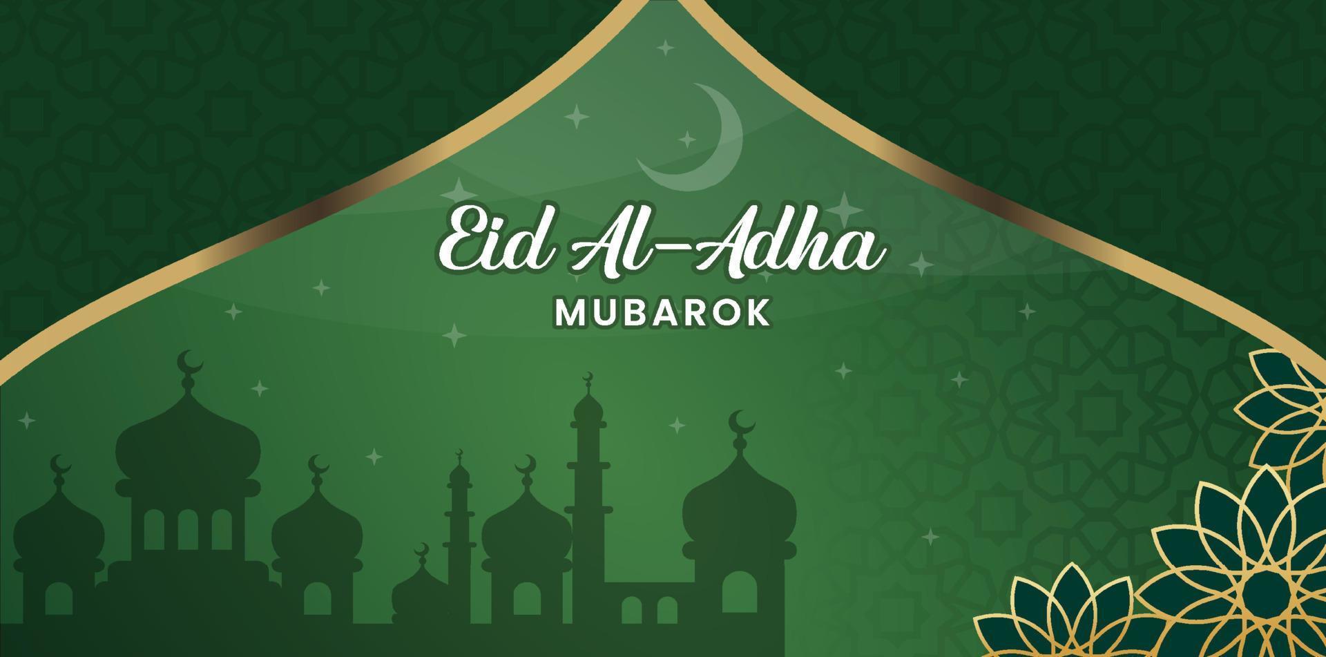 eid al-adha banner vorlage vektordesign mit islamischem grünem hintergrund und blumenmotiv, moschee vektor