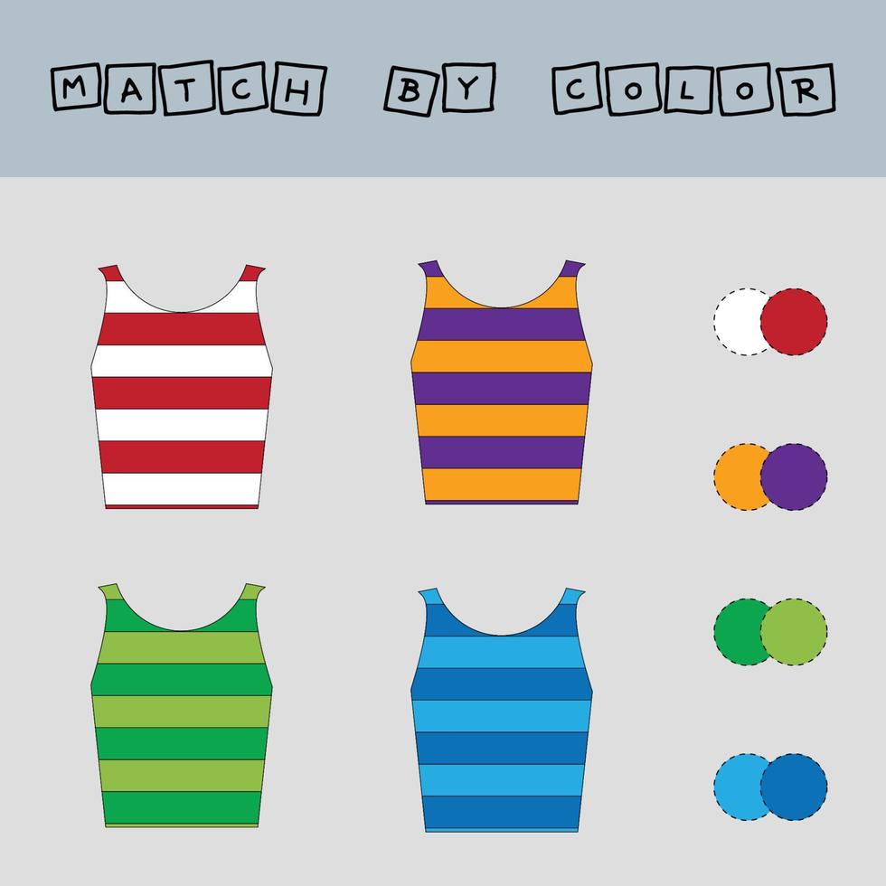 Verbinden Sie den Namen der Farbe und den Charakter des T-Shirts. Logikspiel für Kinder. vektor