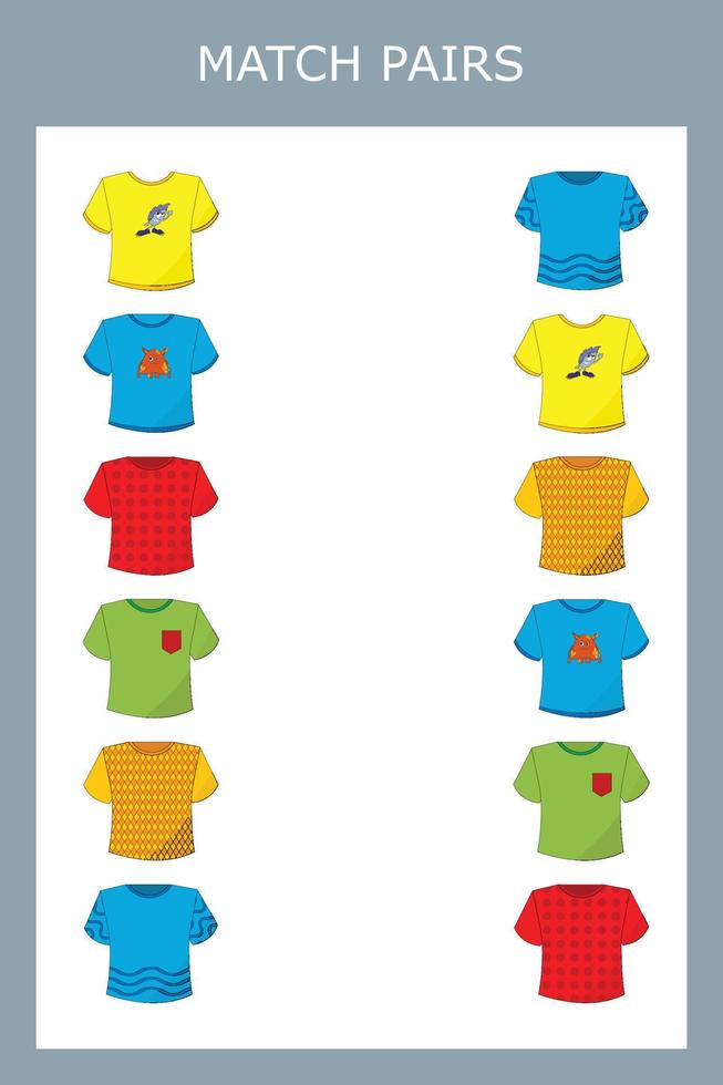 hitta ett par mellan t-shirts. förskola kalkylblad, kalkylblad för barn, utskrivbart kalkylblad vektor