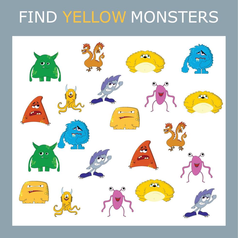 hitta den gula monsterkaraktären bland andra. letar efter gult. logikspel för barn. vektor