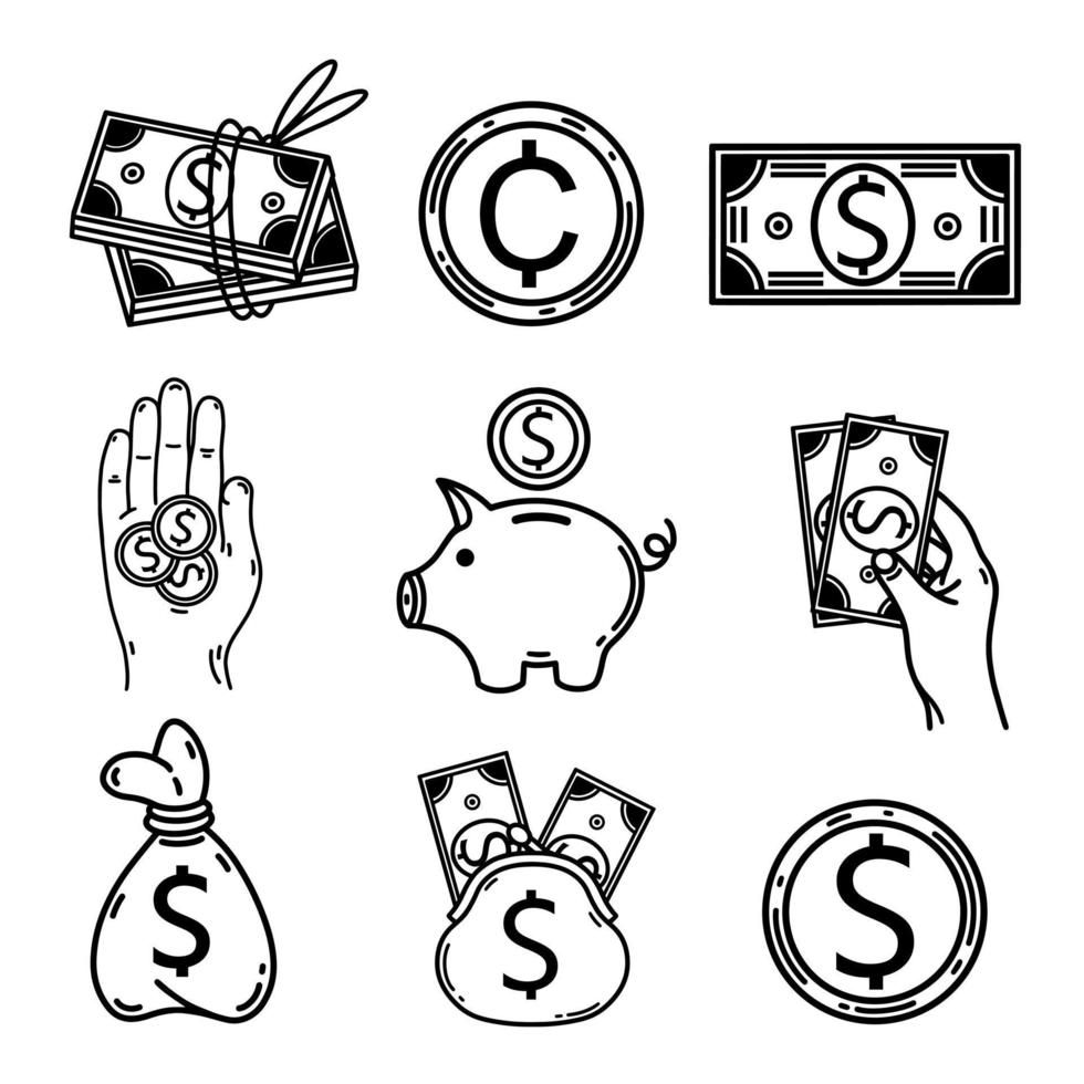 amerikanska dollar vektor ikoner set.sedlar, mynt, pengar påse, spargris, räkningar i plånbok, cent, hand med usa bankbiljetter. monokroma element isolerade på vitt. betalningssystem tecken, valutasymbol