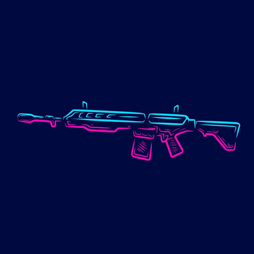 krigsmaskin. vintage riffle gun vapen linje. popkonstlogotyp. färgglad design med mörk bakgrund. abstrakt vektor illustration. isolerade svart bakgrund för t-shirt, affisch, kläder.