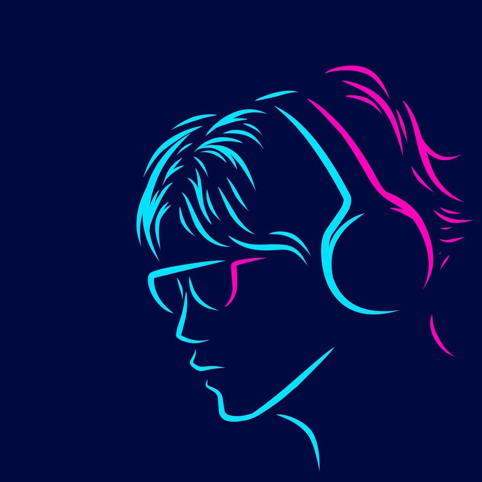 musik man gamer linje popkonst potrait logotyp färgglad design med mörk bakgrund. abstrakt vektor illustration. isolerad svart bakgrund för t-shirt, affisch, kläder, merch, kläder, badge design