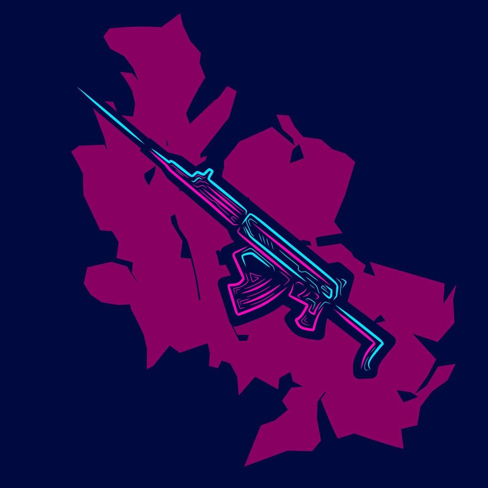 krigsmaskin. vintage riffle gun vapen linje. popkonstlogotyp. färgglad design med mörk bakgrund. abstrakt vektor illustration. isolerade svart bakgrund för t-shirt, affisch, kläder.