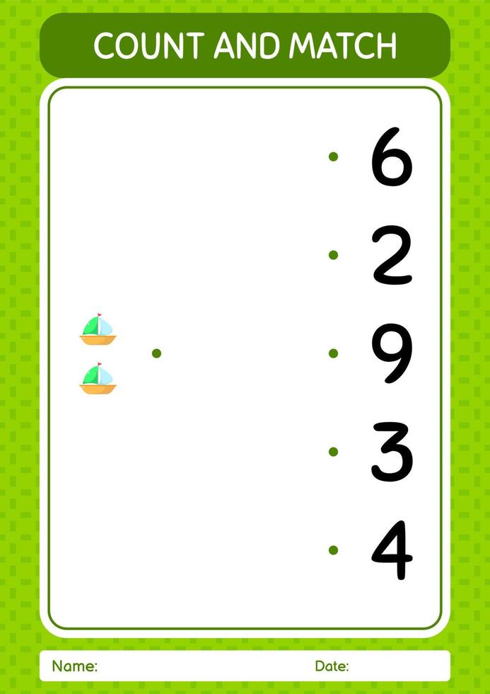 zähle und kombiniere spiel mit segelboot. arbeitsblatt für vorschulkinder, kinderaktivitätsblatt vektor