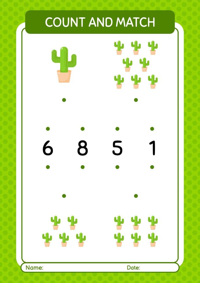 räkna och matcha spel med kaktus. arbetsblad för förskolebarn, aktivitetsblad för barn vektor
