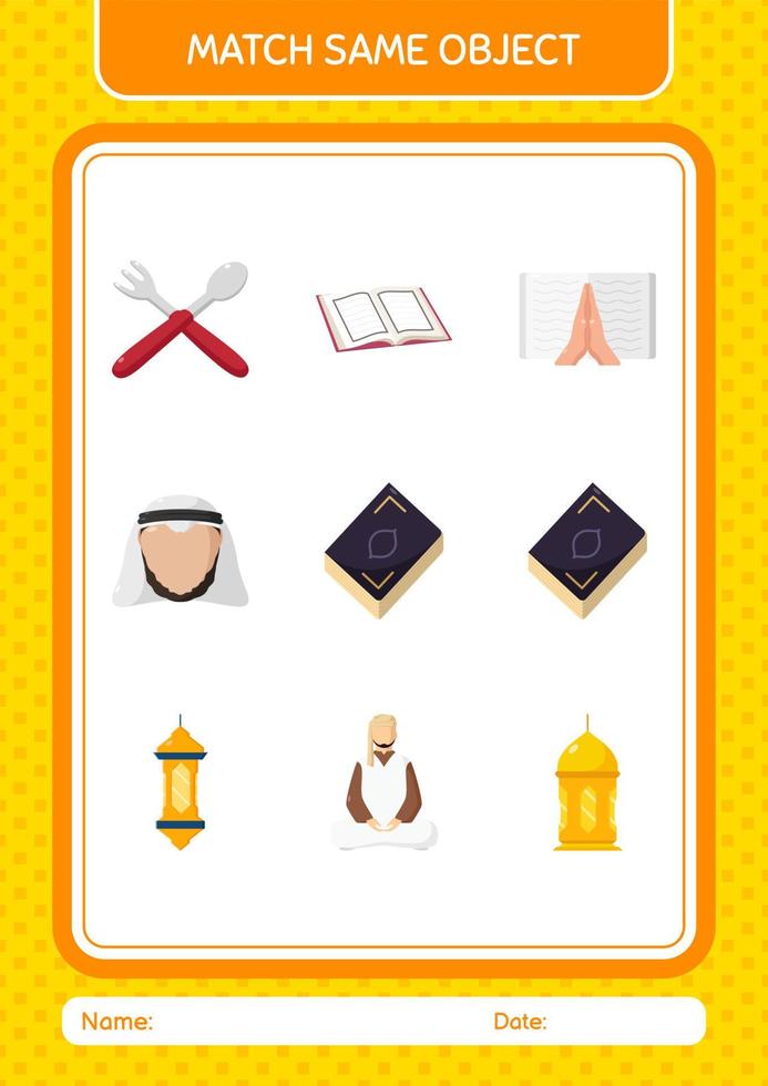 Übereinstimmung mit demselben Objektspiel Ramadan-Symbol. arbeitsblatt für vorschulkinder, kinderaktivitätsblatt vektor