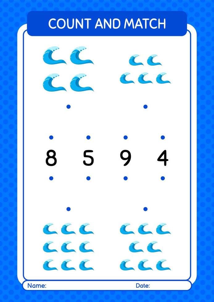 räkna och matcha spel med vågor. arbetsblad för förskolebarn, aktivitetsblad för barn vektor
