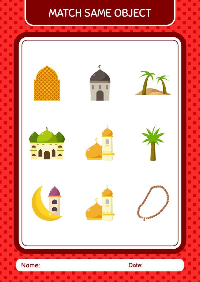 matcha med samma objekt spel ramadan ikon. arbetsblad för förskolebarn, aktivitetsblad för barn vektor