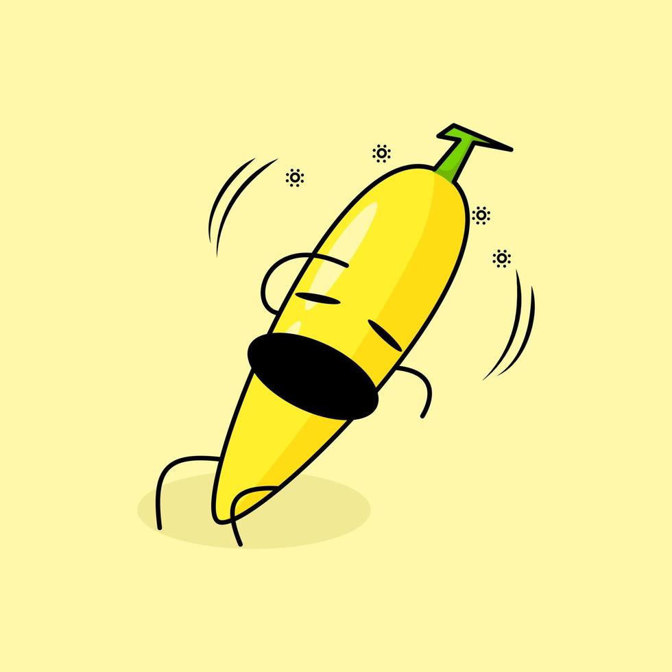 süßer bananencharakter mit schwindligem ausdruck, offenem mund, hinsetzen und einer hand auf dem kopf. grün und gelb. geeignet für Emoticon, Logo, Maskottchen und Symbol vektor