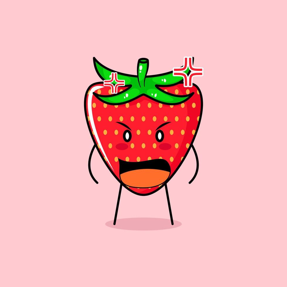 söt jordgubbskaraktär med argt uttryck. munnen vidöppen. grönt och rött. lämplig för uttryckssymbol, logotyp, maskot vektor