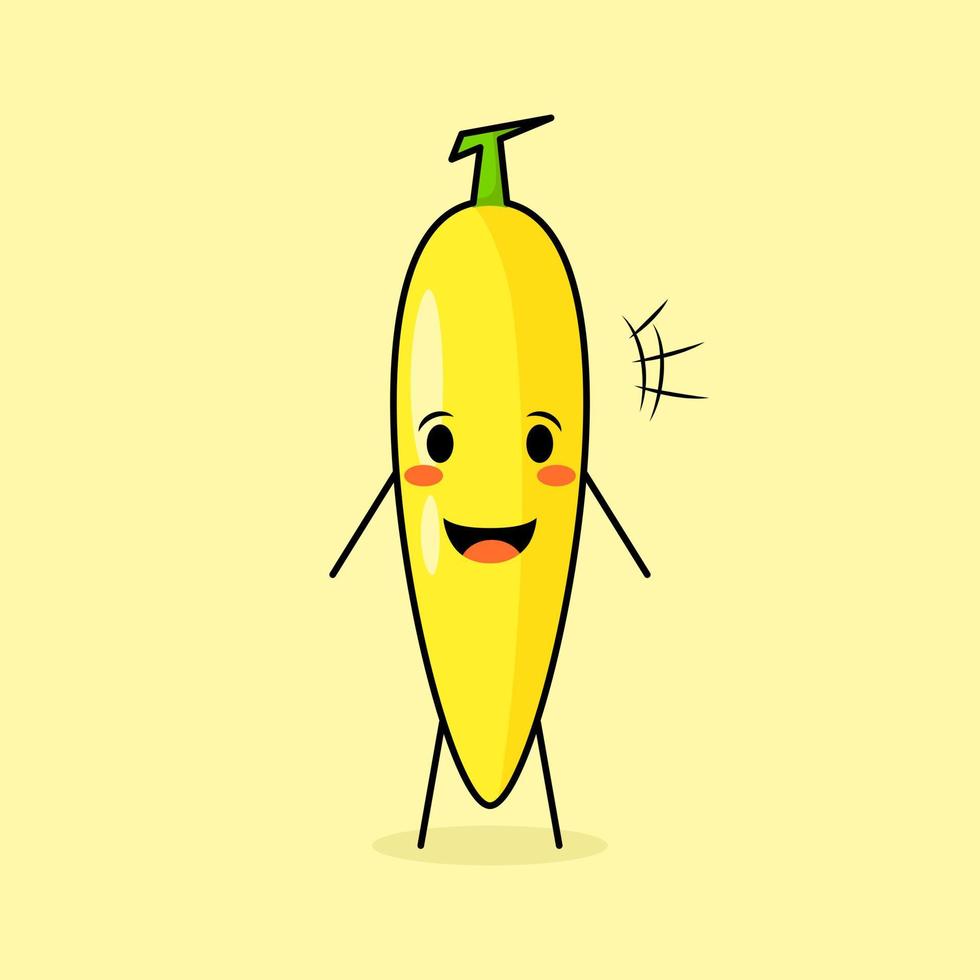 süßer bananencharakter mit lächeln und fröhlichem ausdruck, offener mund. grün und gelb. geeignet für Emoticon, Logo, Maskottchen und Symbol vektor