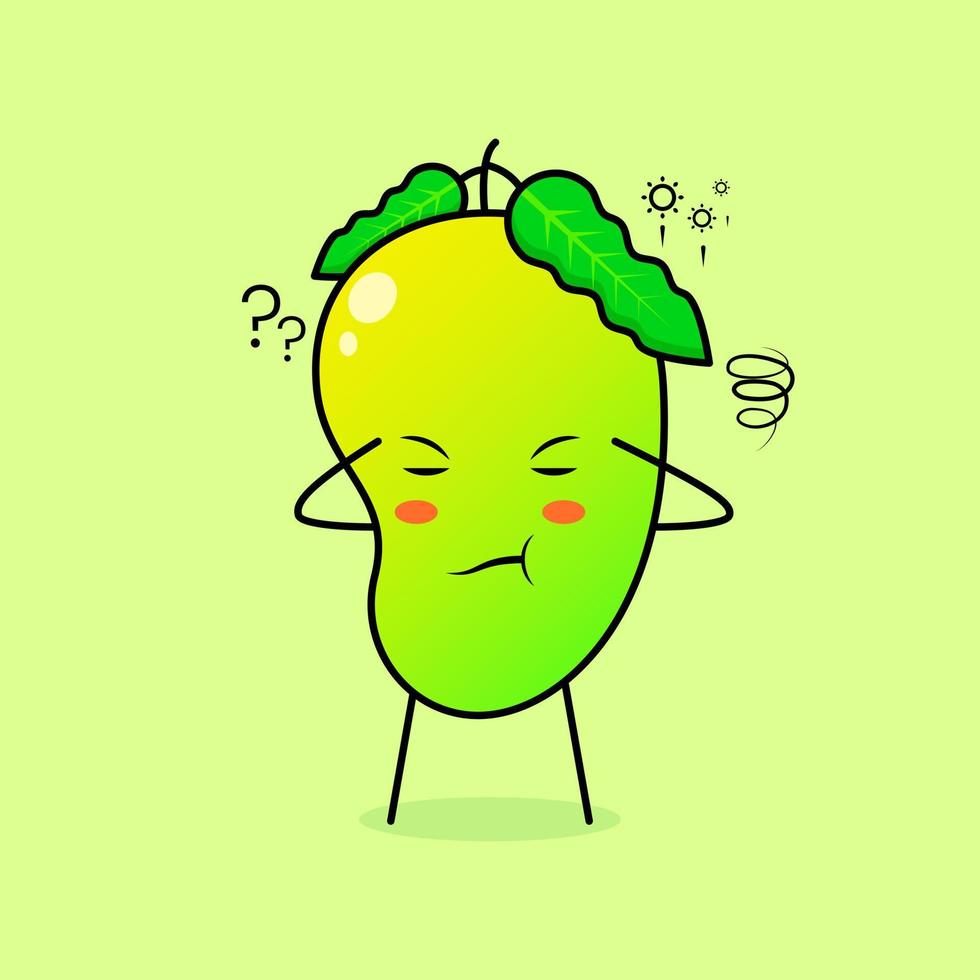 söt mangokaraktär med tänkande uttryck, nära ögon och två händer på huvudet. grönt och orange. lämplig för uttryckssymbol, logotyp, maskot vektor