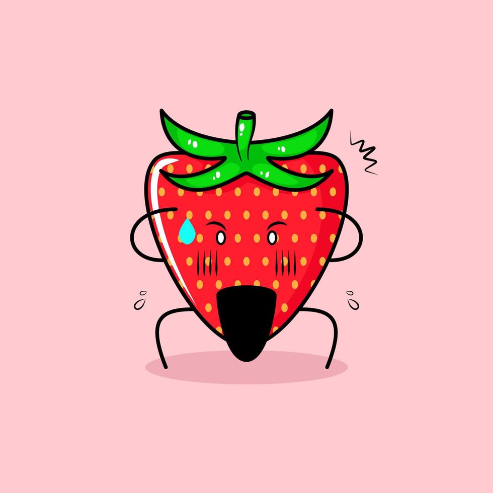 söt jordgubbskaraktär med chockat uttryck, två händer på huvudet och öppen mun. grönt och rött. lämplig för uttryckssymbol, logotyp, maskot eller klistermärke vektor