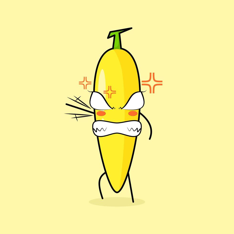 söt banankaraktär med argt uttryck. grönt och gult. lämplig för uttryckssymbol, logotyp, maskot. ena handen höjd, ögonen buktande och flinande vektor