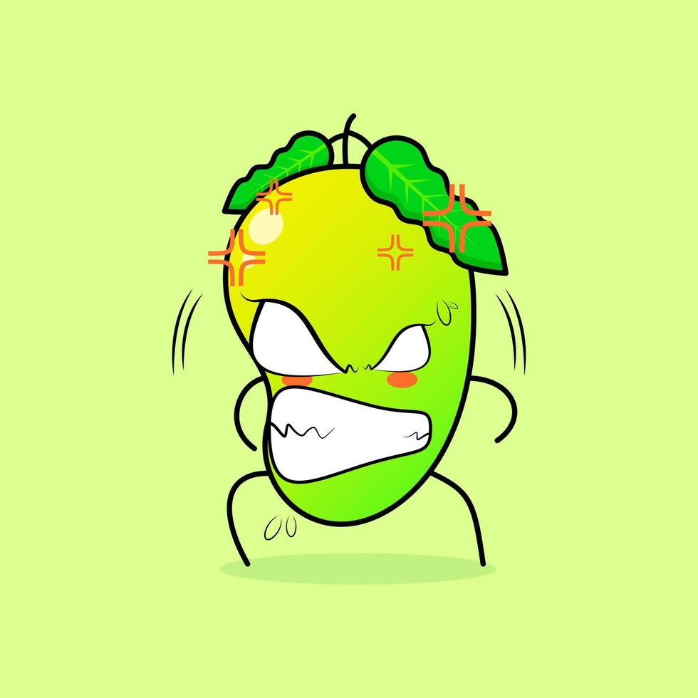 süßer mangocharakter mit wütendem ausdruck. hervortretende und grinsende Augen. geeignet für Emoticon, Logo, Maskottchen und Aufkleber. grün und orange vektor