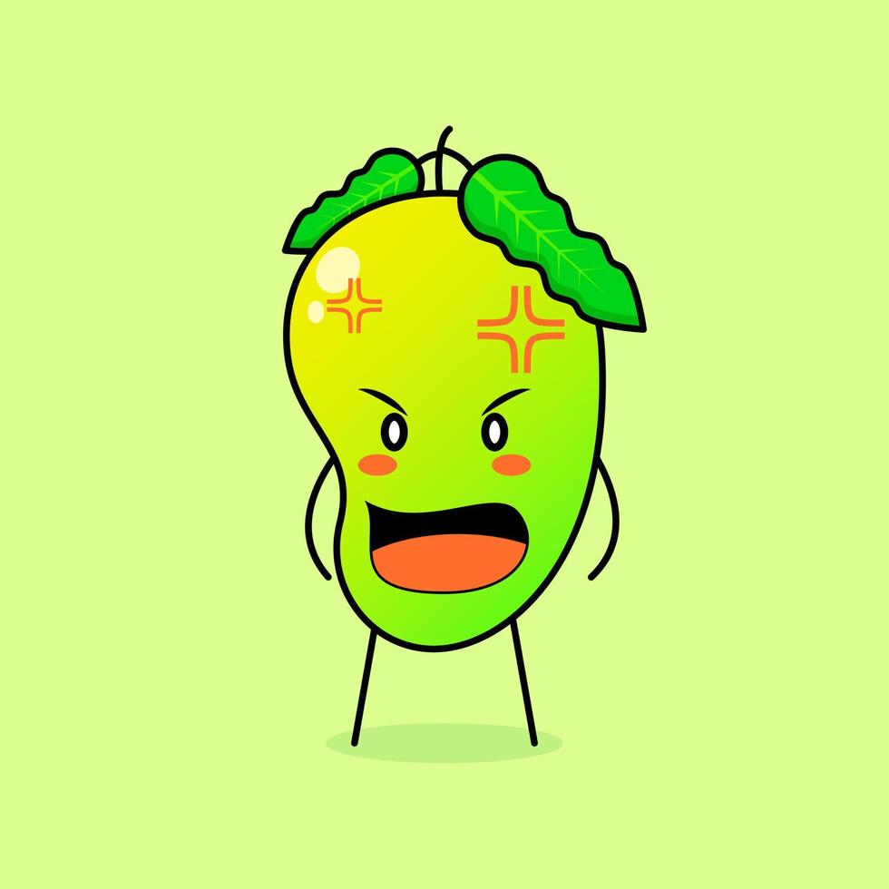 söt mango karaktär med argt uttryck. munnen vidöppen. grönt och orange. lämplig för uttryckssymbol, logotyp, maskot vektor