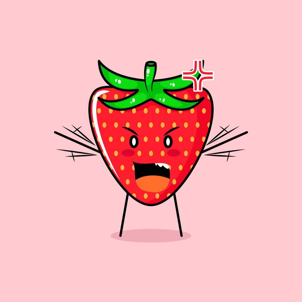 söt jordgubbskaraktär med argt uttryck. grönt och rött. lämplig för uttryckssymbol, logotyp, maskot. båda händerna höjda och munnen öppen vektor
