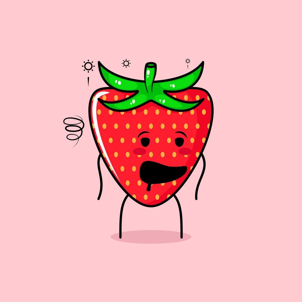 söt jordgubbskaraktär med berusad uttryck och öppen mun. grönt och rött. lämplig för uttryckssymbol, logotyp, maskot och ikon vektor