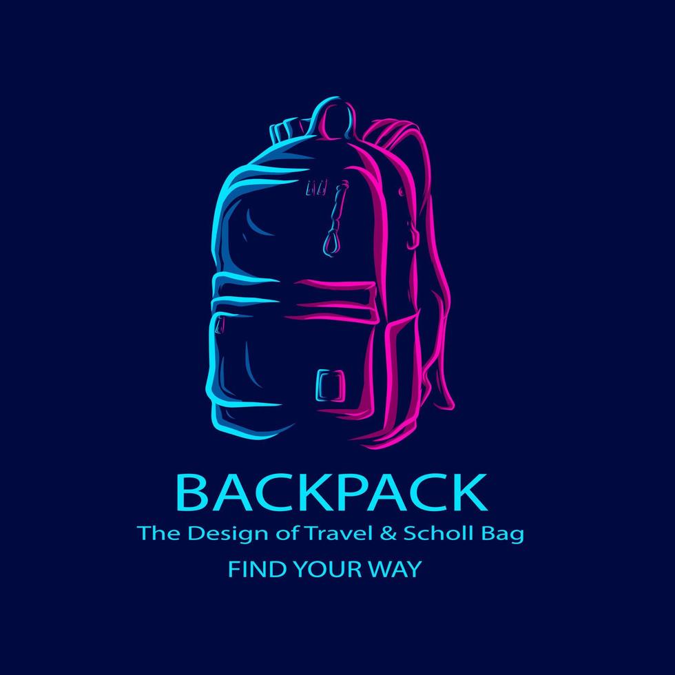 ryggsäck resor och skolväska logotyp linje popkonst potrait färgglad design med mörk bakgrund. vektor