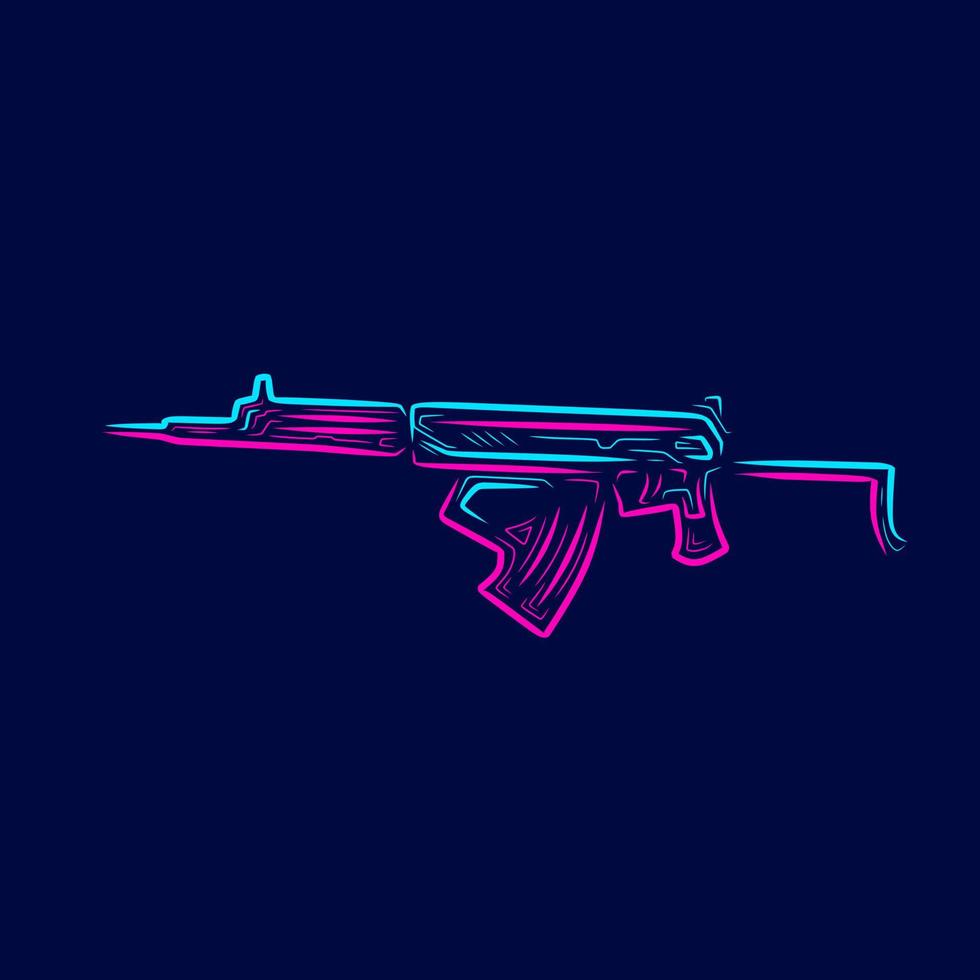 Kriegsmaschine. vintage riffle gun waffenlinie. Pop-Art-Logo. farbenfrohes Design mit dunklem Hintergrund. abstrakte Vektorillustration. isolierter schwarzer hintergrund für t-shirt, poster, kleidung. vektor