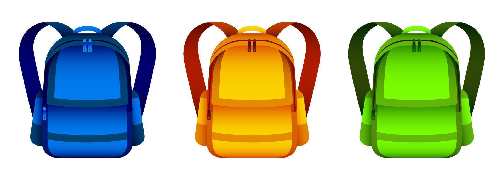 uppsättning ljusa skolryggsäckar i realistisk stil, ikon. förgrund. 1 september, början av året i skolan. vektor student tillbehör på en vit bakgrund
