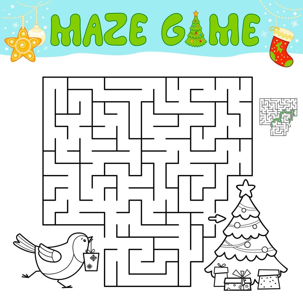 Weihnachtslabyrinth-Puzzlespiel für Kinder. skizzieren sie labyrinth- oder labyrinthspiel mit weihnachtsvogel. vektor