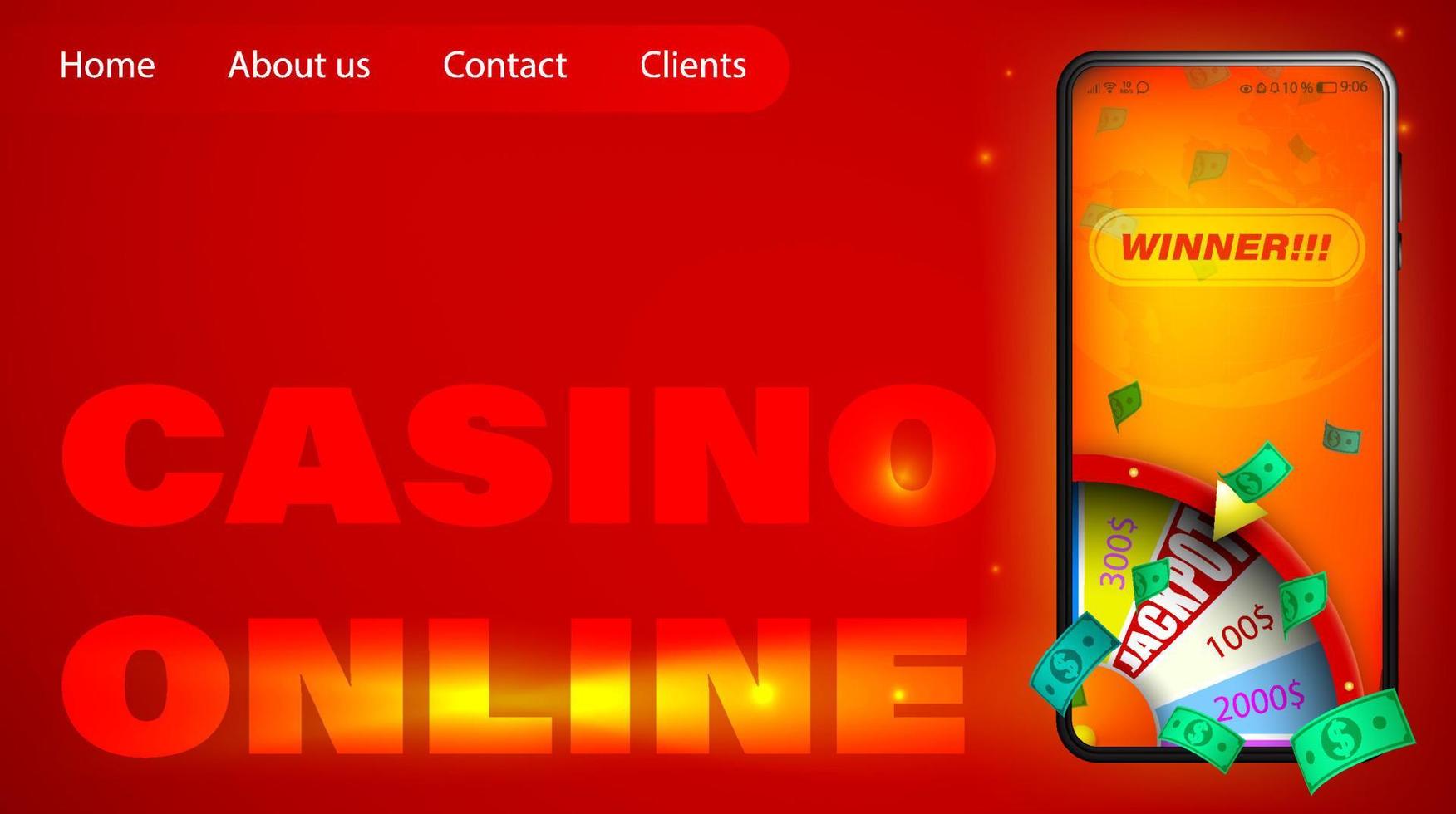 online casino i realistisk smartphone. roulettespel, lyckohjul. sportspel. onlinespel vinnare, jackpot. horisontella webb banner designkoncept. vektor illustration